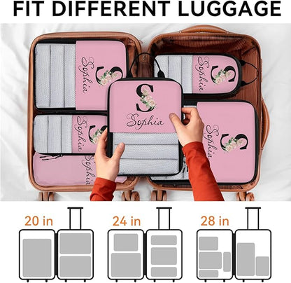 Custom Name 6 Set Compression Packing Cubes for Travel Accessories Customized Expandable Packing Organizers Personalized Carry On Essentials Luggage Bags, Initial