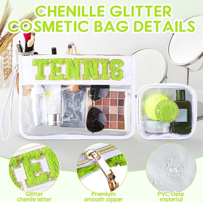2 Pcs Tennis Gifts Cosmetic Makeup Bag with Chenille Letter Patch,with Handles PVC Waterproof Clear Makeup Bag,Portable Toiletry Storage Bag,Players & Fans Birthday, Team or Sports Lover Presents