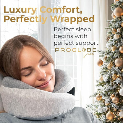 Proglobe Light Gray Memory Foam Travel Neck Pillow for Airplanes, Compact Plane Cushion for Long Flights with Soft Chin Support and Compression Bag, Comfortable Lightweight Air Travel Accessory
