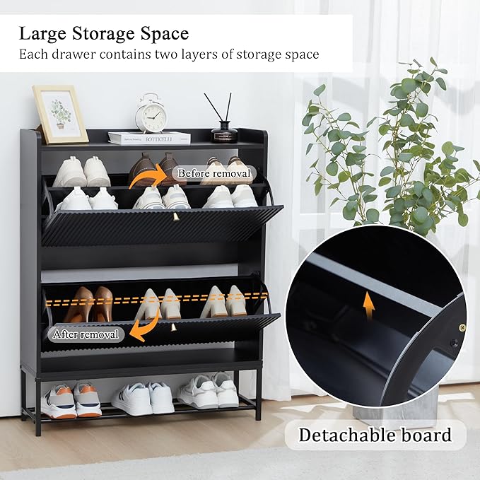 RARZOE Fluted Shoe Cabinet for Entryway with 2 Flip Drawers, Narrow Wood Shoe Cabinet with Fluted Panel, Slim Hidden Shoe Organizer Closed Shoe Rack with Metal Legs for Foyer,Hallway(31.5''Black)