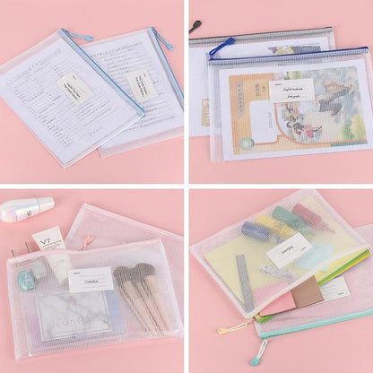 28Pcs Mesh Zipper Pouch Bags，A4 Mesh Storage Bags with Label Pocket，Waterproof Pouches for Organization School, Office & Travel，7 Colors