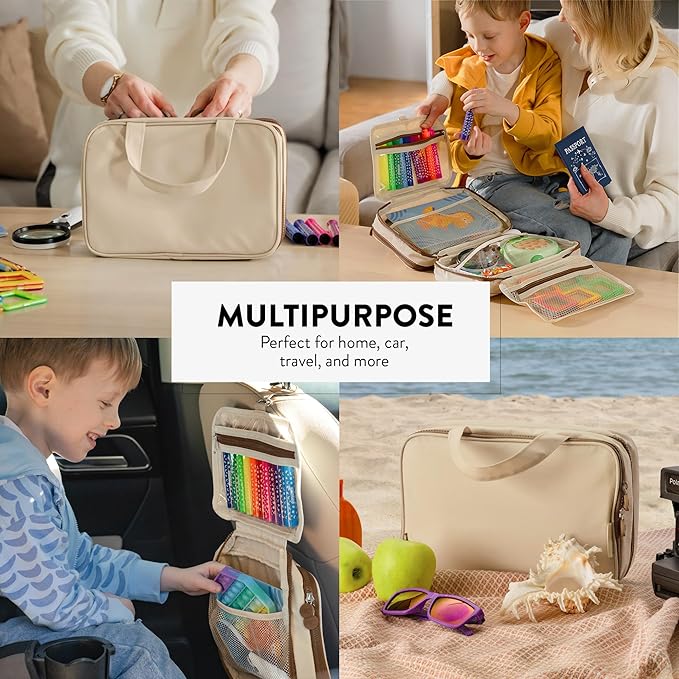 Kids Travel Organizer – Multi-Compartment, Water-Resistant Hanging Bag for Toys, Snacks, & Activities - Compact, Lightweight Design with Hook & Carry Handle - Perfect for Travel Use (Beige, Small)