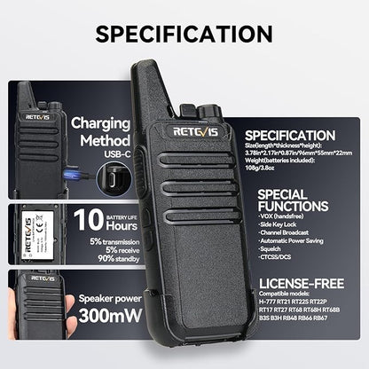 Retevis RT22 Walkie Talkies Rechargeable Hands Free 2 Way Radios Two-Way Radio(6 Pack) with 6 Way Multi Gang Charger