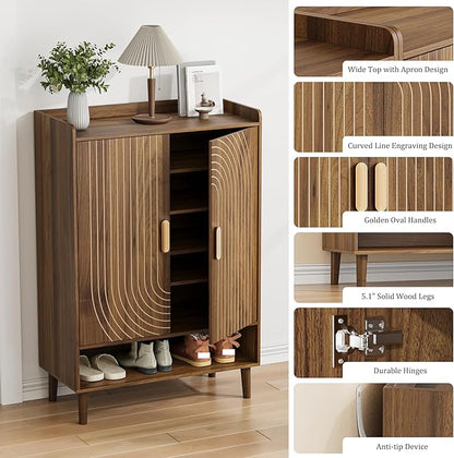 Shoe Cabinet with Doors, 6-Tier Shoe Storage Cabinet with Adjustable Shelves,Freestanding Shoes Rack Shoe Storage Organizer for Entryway, Hallway, Closet (Walnut)