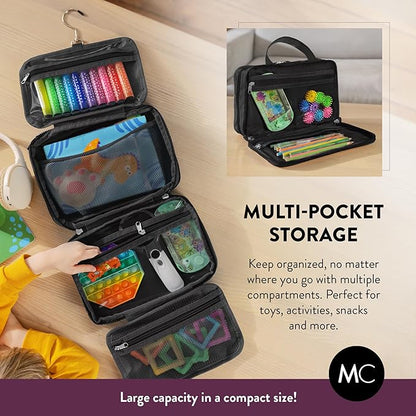 Kids Travel Organizer - Multi-Compartment, Water-Resistant Hanging Bag for Toys, Snacks, & Activities - Compact, Lightweight Design with Hook & Carry Handle - Perfect for Travel Use (Black, Small)