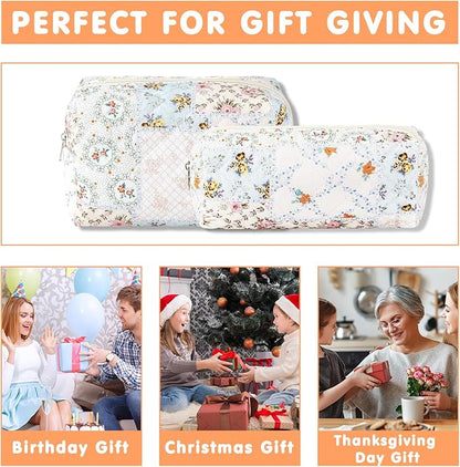 2Pcs Cotton Quilted Makeup Bag for Women Girls Coquette Small Floral Cosmetic Bags Cute Zipper Pencil Pouch Aesthetic Makeup Pouch Trendy Cloth Bee&Flower Travel Toiletry Skincare Bag