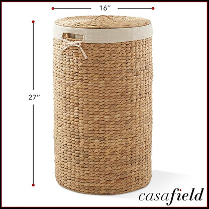 Casafield Round Laundry Hamper with Lid and Removable Liner Bag - Natural, Woven Water Hyacinth Wicker Laundry Basket for Clothes and Towels