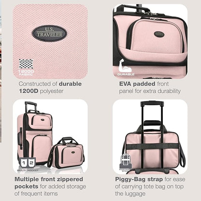U.S. Traveler Rio Lightweight Softside Rolling Carry-on Suitcase, 2-Wheel Set, Pink