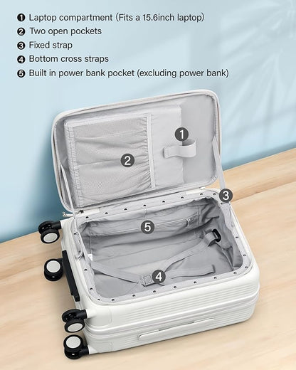 Hanke 20 Inch Expandable Carry On Luggage Airline Approved Top Opening Travel Luggage Rolling Suitcase with Cup Holder Hard Shell Suitcases with Wheels (Smoke White)