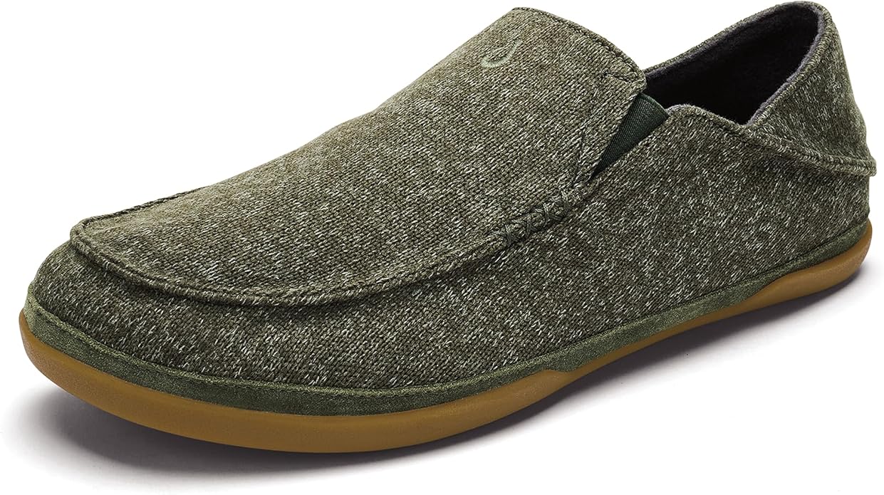 OLUKAI Moloa Hulu Men's Wool-Blend Slippers, Soft & Heathered Knit Slip On Shoes, Suede Leather Foxing, Drop-In Heel Design
