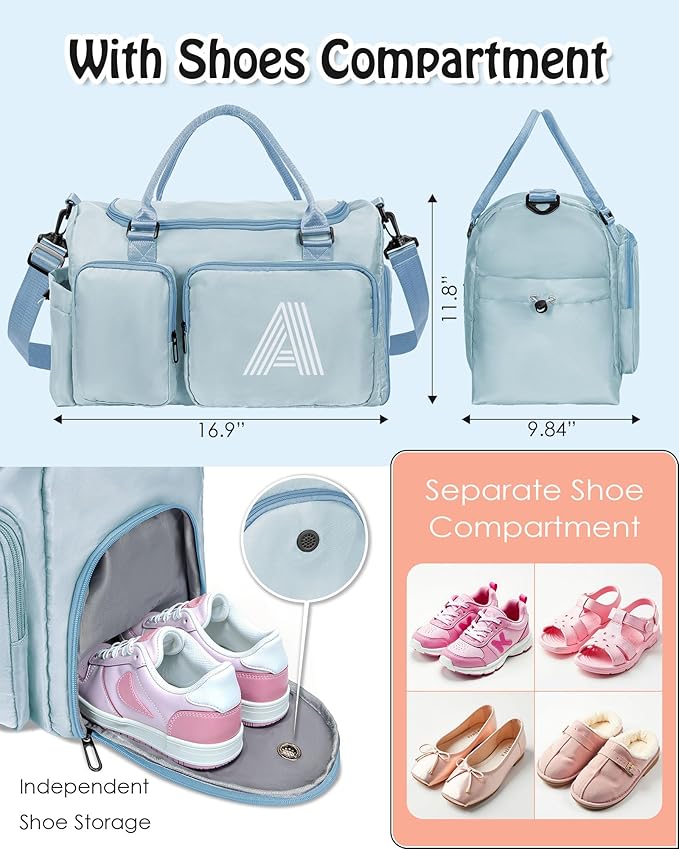 Birthday gifts, Initial Gym Bag for Girls 10-12, Kids Travel Duffle Bag, Sports Bag, Personalized Weekender Bag with Shoes Compartment, Girls Gifts for Kid