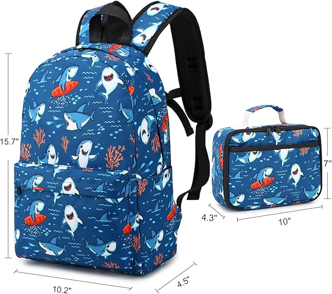 CAMTOP Backpack for Kids, Boys Preschool Backpack with Lunch Box Toddler Kindergarten Shark School Bookbag Set (Y028-2 Shark-Navy Blue)