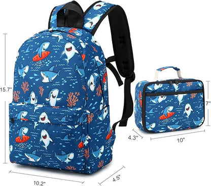 CAMTOP Backpack for Kids, Boys Preschool Backpack with Lunch Box Toddler Kindergarten Shark School Bookbag Set (Y028-2 Shark-Navy Blue)