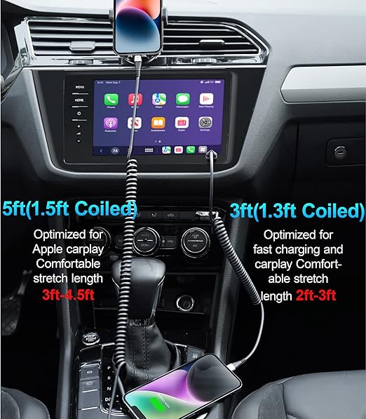Coiled Lightning Cable 3ft, 2 Pack iPhone Charger Cable for Car, [Apple MFi Certified] Short Retractable Charging Cord Compatible with iPhone 14/13/12/11 Pro Max/XS MAX/XR/XS/8/iPad/iPod/CarPlay