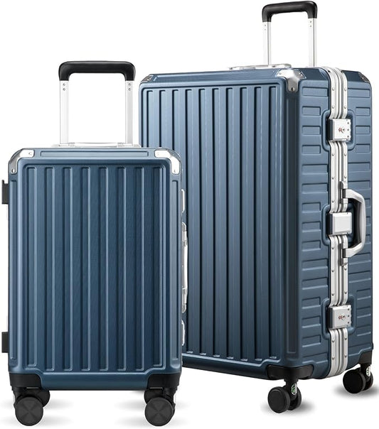 Luggage Sets with Spinner Wheels, 8010S Aluminum Frame Zipperless Polycarbonate Hard Shell Suitcase Sets (ZX-Core, Blue, 2 Piece (20/28))