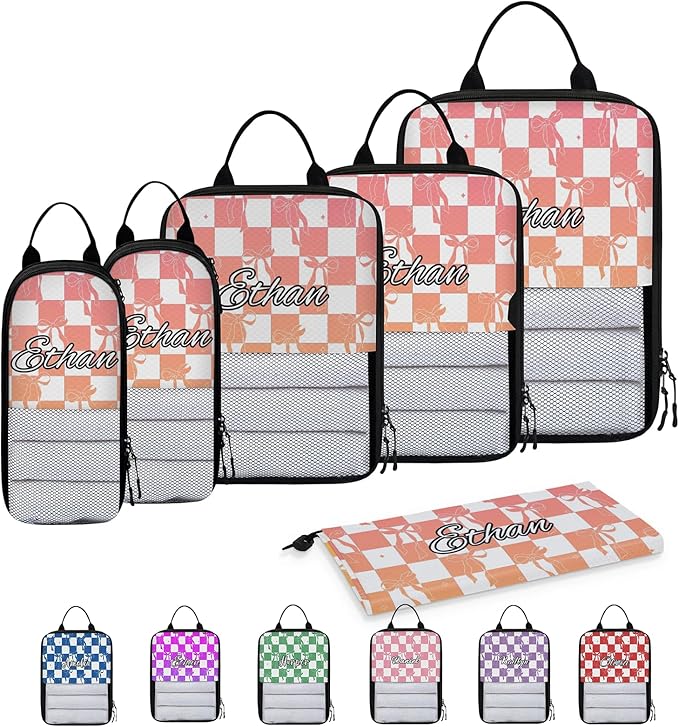 Custom 6 Set Compression Packing Cubes with Name Personalized Compressible Expandable Packing Organizers Luggage Carry On Suitcase Bags Travel Accessories Gifts, Orange Rose Gradient