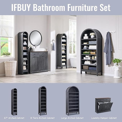 67" Tall Arched Bathroom Storage Cabinet, 8-Tier Modern Farmhouse Storage Cabinet with Adjustable Shelves, Wood Freestanding Cabinet for Bathroom, Living Room, Entryway, Hallway (Dark Grey)