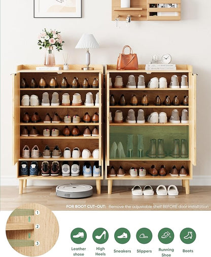 Shoe Cabinet, Large 6-Tier Shoe Storage Cabinet with Fluted 2 Doors, 44" Tall Freestanding Entryway Shoe Cabinet with Adjustable Shelves, Modern Shoe Organizer Cabinet, Shoe Rack Cabinet ( Oak)
