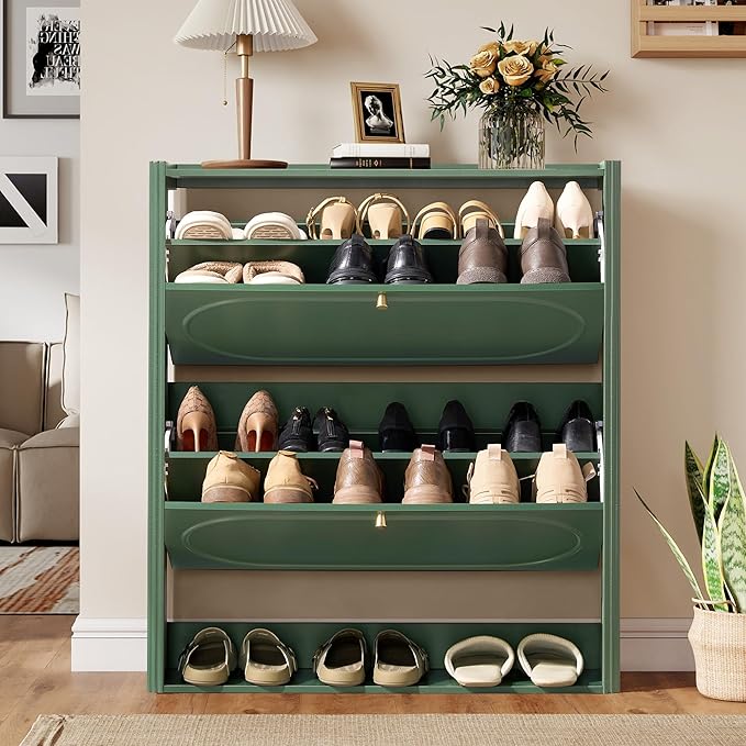 ORRD Shoe Storage Cabinet with 2 Flip Drawers, Wood Narrow Shoe Cabinet for Entryway, Fluted Hidden Shoe Organizer, Freestanding Slim Shoes Cabinets for Foyer, Hallway-Green