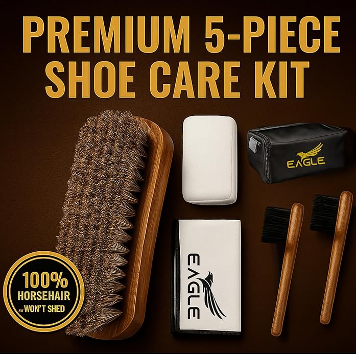 Eagle Shoe Shine Brush Kit 5-Piece Leather Care Set with Horsehair Brush, Daubers, Shine Sponge & Polishing Cloth for Shoes, Boots, Bags & Accessories
