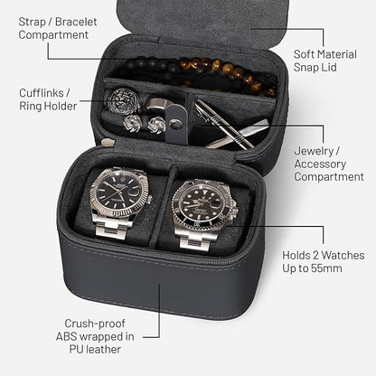 ROTHWELL 2 Watch Travel Case Storage Organizer for 2 Watches | Watch Case for Men and Women | Tough Portable Protection w/Zipper Fits All Wristwatches & Smart Watches Up to 50mm (Carbon)