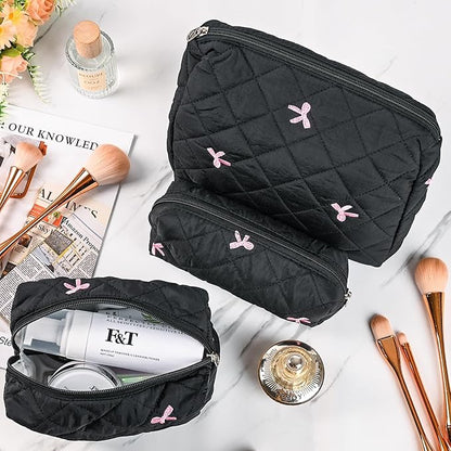 Quilted Makeup Bag Set,3 Pcs Puffy Cosmetic Bags Aesthetic Make Up Bags,Small Zipper Pouch,Travel Toiletry Bag Purse Organizer Pouches for Women (Black-Bow)