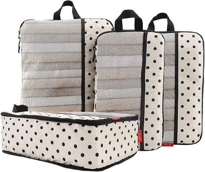 U+U 4 Set Compression Packing Cubes - Ultralight Travel Organizers, Space-Saving Suitcase Organizer, Expandable Packing Cubes for Travel, Business Trip and Family Vacation (Polka Dot)