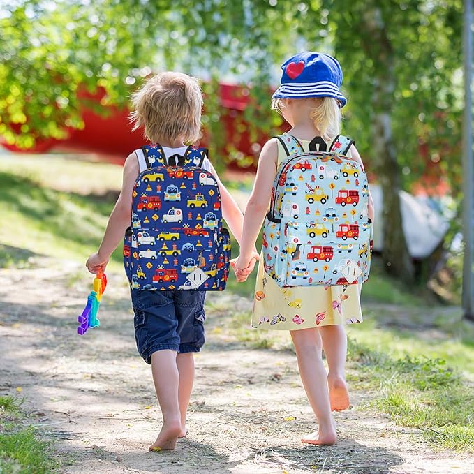 Kids Backpack for Girls Boys - 15 Inch Cute Cars Little Kids Backpack Waterresistant Toddler Preschool Kindergarten School Bag for Aged 3-8, Light Blue
