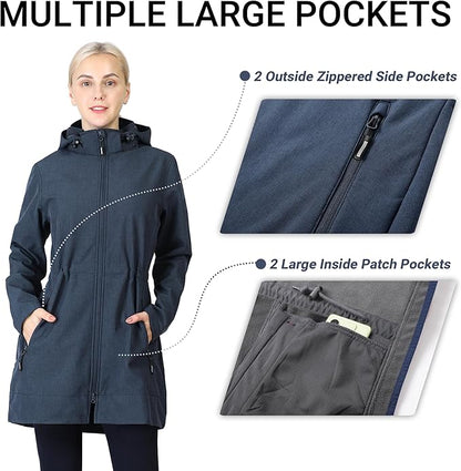 Outdoor Ventures Women's Softshell Jacket with Removable Hood Fleece Lined Windbreaker Insulated Long Warm Rain Jacket
