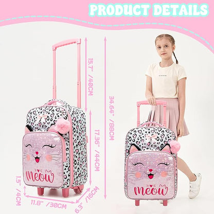 Girls Pink Cat Luggage with Wheels Suitcases Travel Softside Suitcases 16" Carry on Suitcase with Duffle Bag Luggage Sets Airline Approved