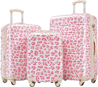 Merax Luggage Sets 3 Piece, Hardside Expandable Suitcase Set with Spinner Wheels, Lightweight Leopard Luggage 20+24+28 IN, Leopard Pink