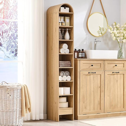 67" Tall Arched Bathroom Storage Cabinet, 8-Tier Modern Farmhouse Storage Cabinet with Adjustable Shelves, Wood Freestanding Cabinet for Bathroom, Living Room, Entryway, Hallway (Natural)