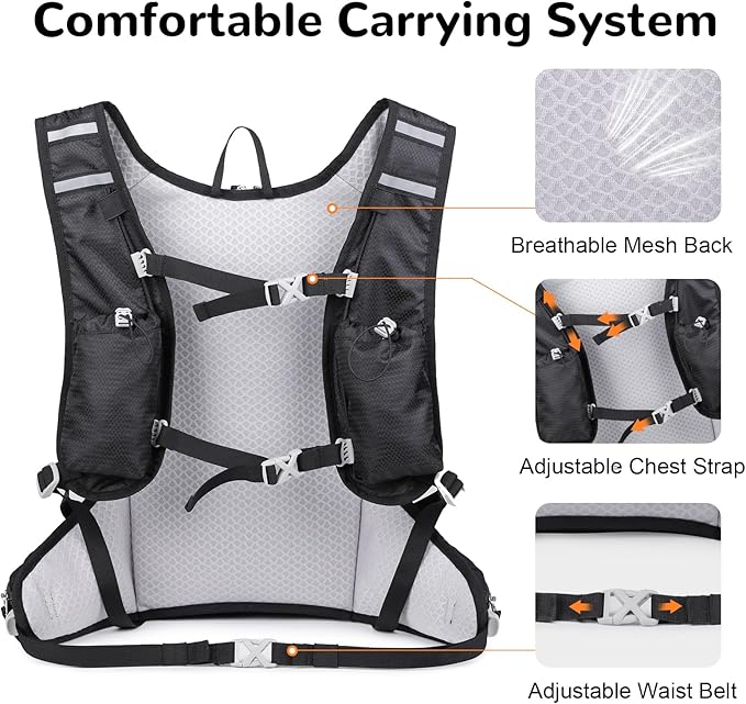 12L Small Hiking Backpack with Adjustable Chest Strap for Men, Running Backpack with Phone Pocket, Black