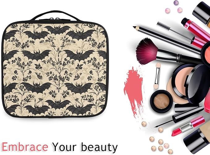 MNSRUU Travel Makeup Bag, Bats and Flowers Vintage Women Makeup Case Organizer Cosmetic Toiletry Bag for Teenage Girl with Adjustable Dividers