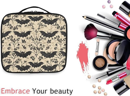 MNSRUU Travel Makeup Bag, Bats and Flowers Vintage Women Makeup Case Organizer Cosmetic Toiletry Bag for Teenage Girl with Adjustable Dividers