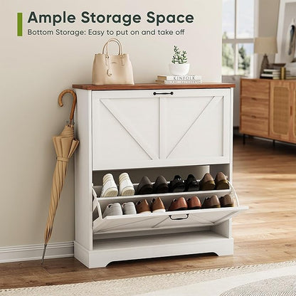 Shoe Cabinet, Shoe Storage Cabinet for Entryway with 2 Flip Drawers, Narrow Farmhouse Shoe Organizer Cabinet, Slim Shoe Rack Cabinet, White