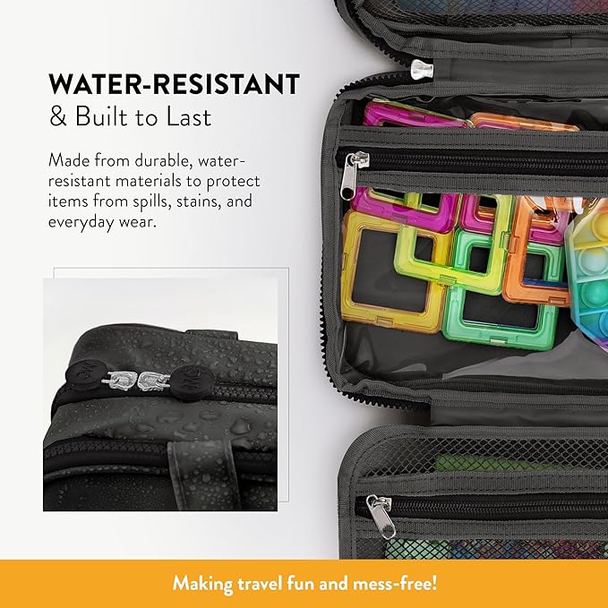 Kids Travel Organizer - Multi-Compartment, Water-Resistant Hanging Bag for Toys, Snacks, & Activities - Compact, Lightweight Design with Hook & Carry Handle - Perfect for Travel Use (Black, Small)