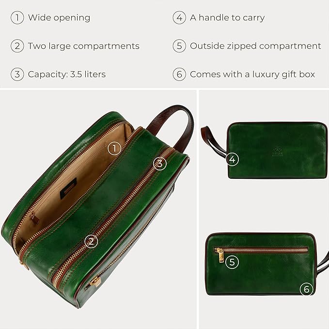 Time Resistance Leather Cosmetic Bag Toiletry Italian Classy Dopp Kit