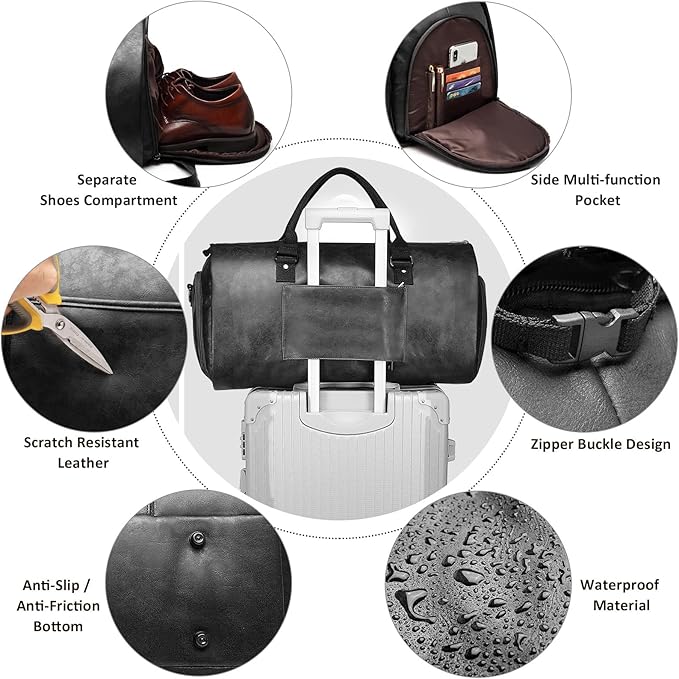 Carry on Garment Bags for Travel Leather Garment Duffle Bag Convertible Mens Suit Travel Bags with Shoe Compartment,Waterproof,Perfect for Business Travel/Husband Gifts (Black)