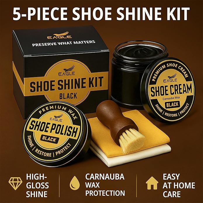 Eagle Shoe Shine Kit – 5-Piece Leather Shoe Polish & Cream Set with Brush & Cloths