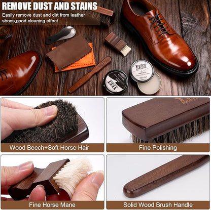 YUET 11PCS Professional Shoe Care Kit, Leather Shoe Shine Polish Brush Set for Boots, Dress Shoes - All-in-One Waterproofing & Cleaning w/Travel Case