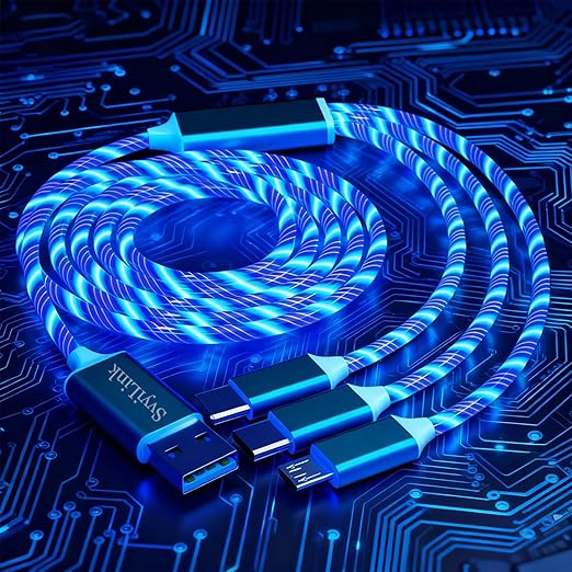 USB Cable PD Fast Charger Lighted Up (USB 3IN1 Blue),Phone Data Cable, Flowing Light Charging Cable, 39-inch, TPE Material, Compatible with Almost All Phones, Tablets, and Headphones.