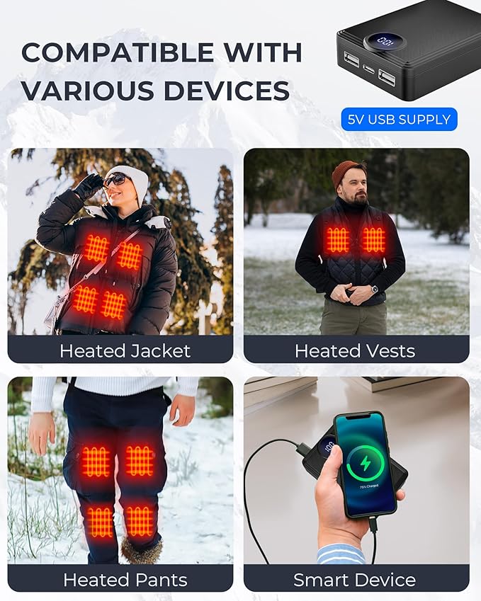 𝟱𝗩 𝟭𝟮𝟬𝟬𝟬𝗺𝗔𝗵 Heated Vest Battery Pack, Rechargeable Power Bank with LED Display, Type-C Input, and Dual USB-A Output for Heated Apparel, Vest, Seat, Blanket and Jacket up to 10H