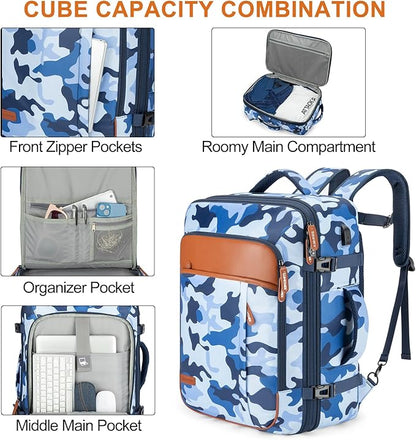 Lumesner Carry on Travel Backpacks, Extra Large 40L Flight Approved for Men & Women,Expandable Suitcase backpack (Camouflage Blue(Backpack With 4 Packing Cubes))