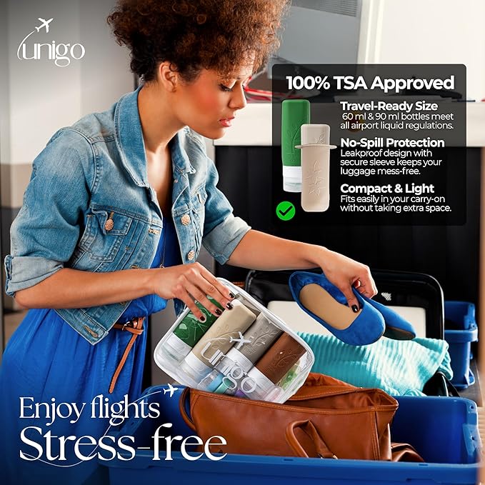Unigo 30pack Full Set TSA Approved Travel Bottles, Travel Size Containers for Toiletries, Refillable Leakproof Travel Shampoo and Conditioner Bottles, Toiletry Containers,Extra Bottle Sleeves, (C set)