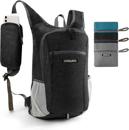 Small Hiking Backpack with Detachable Front Phone Holder, Foldable Packable Back pack with Chest and Waist Strap, Lightweight Daypack for Women Men (Black, 15L)