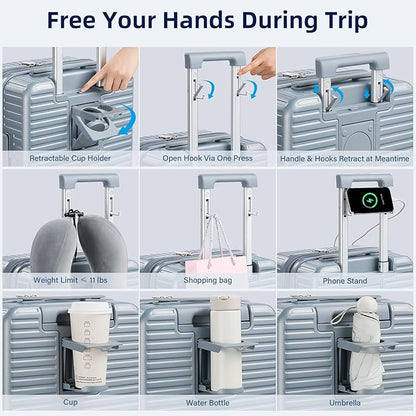 Hard Shell Suitcases 24 Inch Check in Luggage with Spinner Wheels, Expandable Travel Luggage with Cup Holder Charger Built in, Checked Medium Suitcase Lightweight Suitcases, Silver
