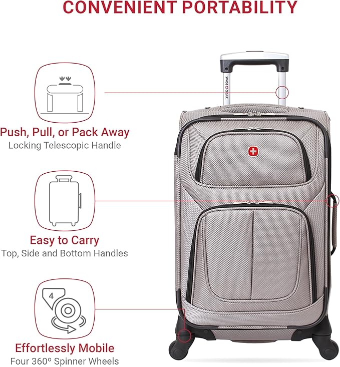 SwissGear Sion Softside Expandable Luggage – Carry-On Suitcase with 360 Degree Wheels & Retractable Handle – 21 Inch, Perfect for 1-3 Night Trips – Pewter