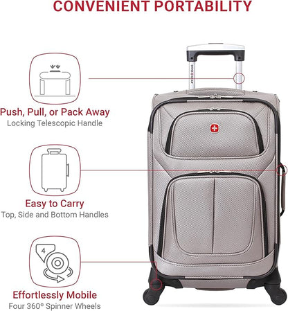 SwissGear Sion Softside Expandable Luggage – Carry-On Suitcase with 360 Degree Wheels & Retractable Handle – 21 Inch, Perfect for 1-3 Night Trips – Pewter