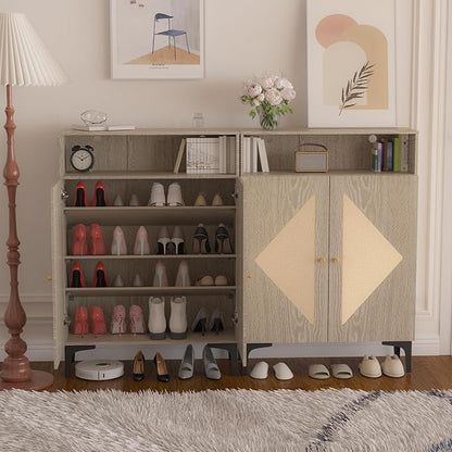 Shoe Cabinet Storage for entryway, Rattan Shoe Cabinet with Double Doors, 3 Adjustable Shelves, Slim Modern Shoe Organizer Cabinet with Open top Shelf and Metal Legs